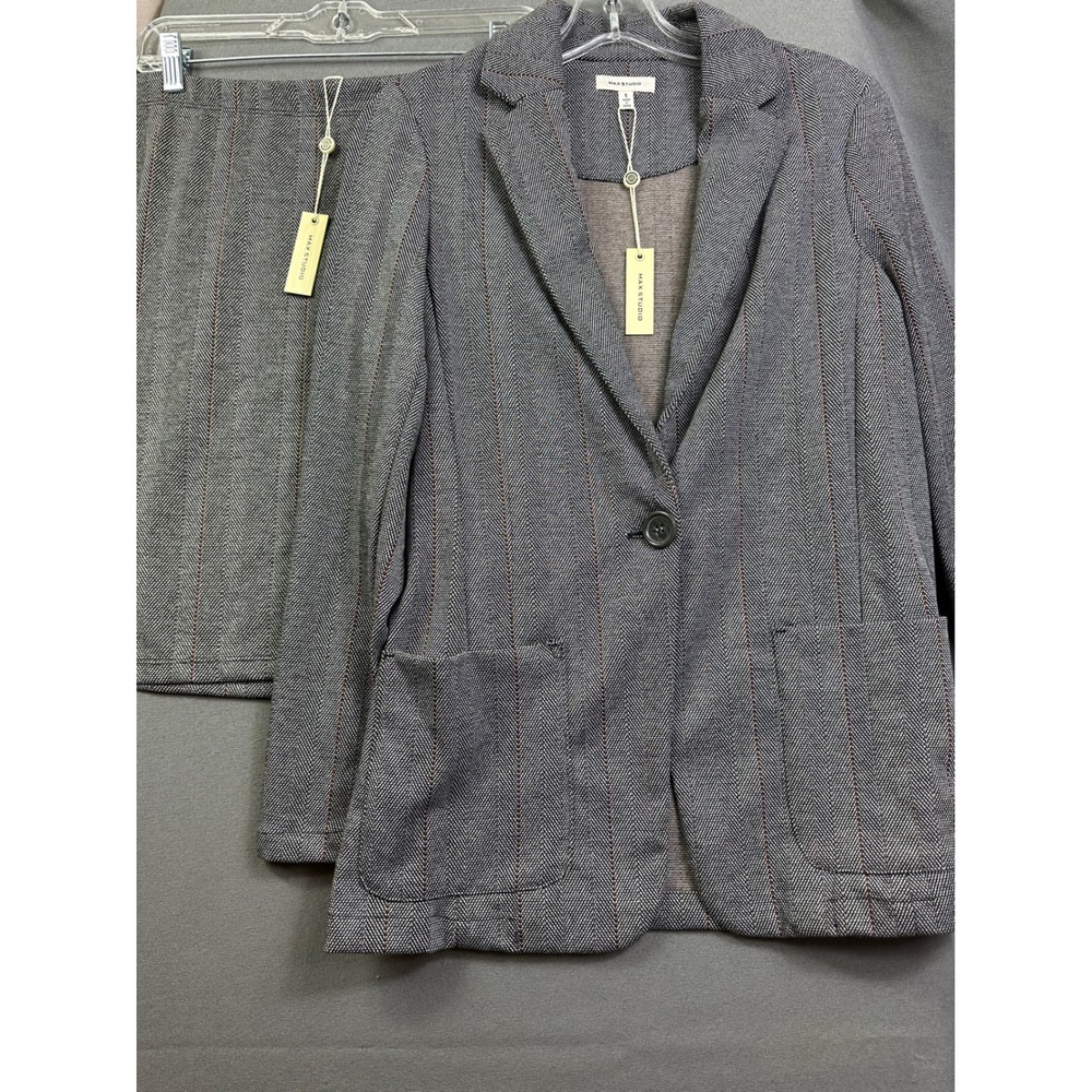 Max Studio Women's Gray Herringbone Knit Blazer Skirt Set 2 Piece Size S NWT